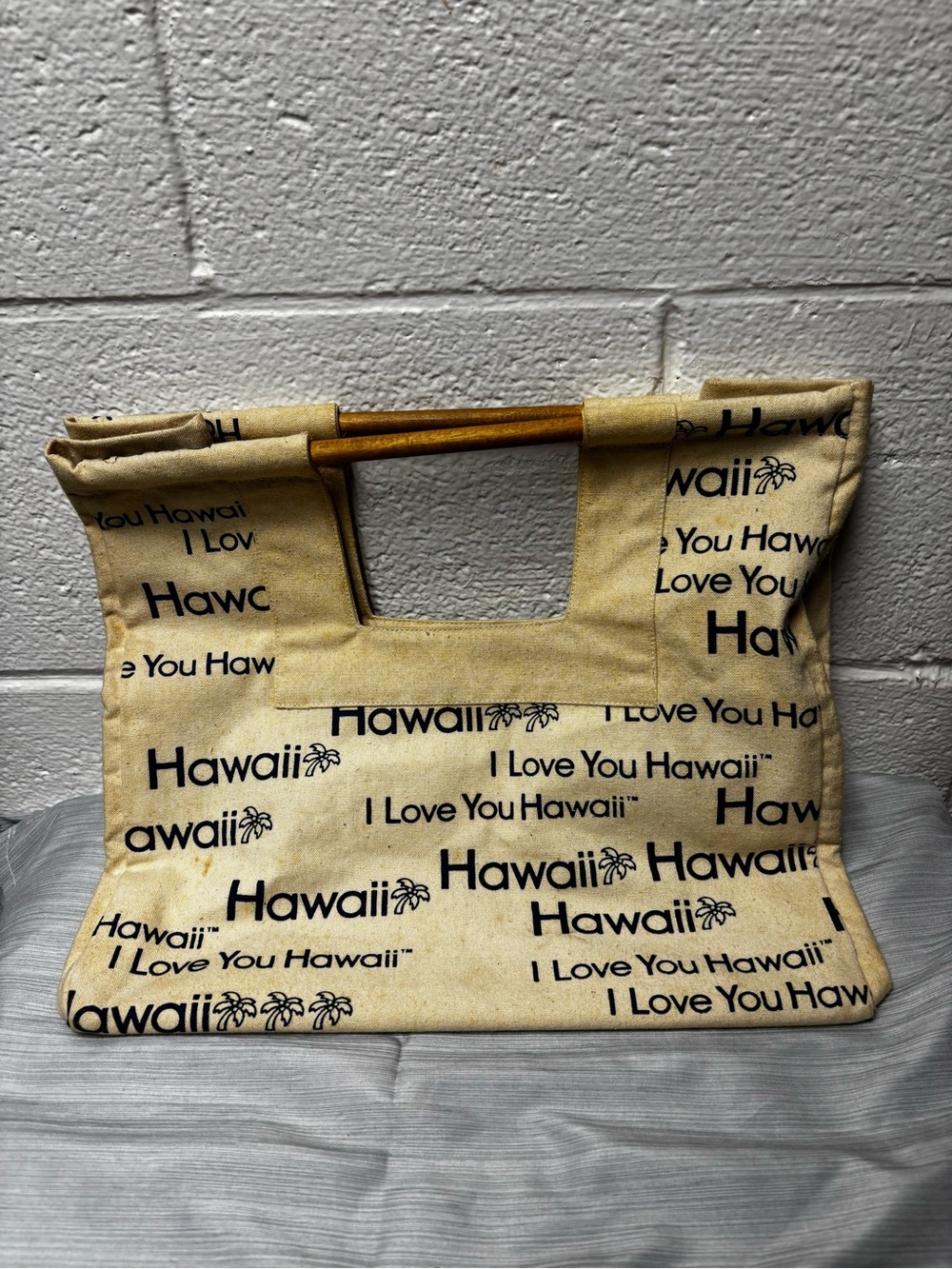 Vintage I Love You Hawaii Canvas Tote Bag Wooden Dowel Handles Beach Bag